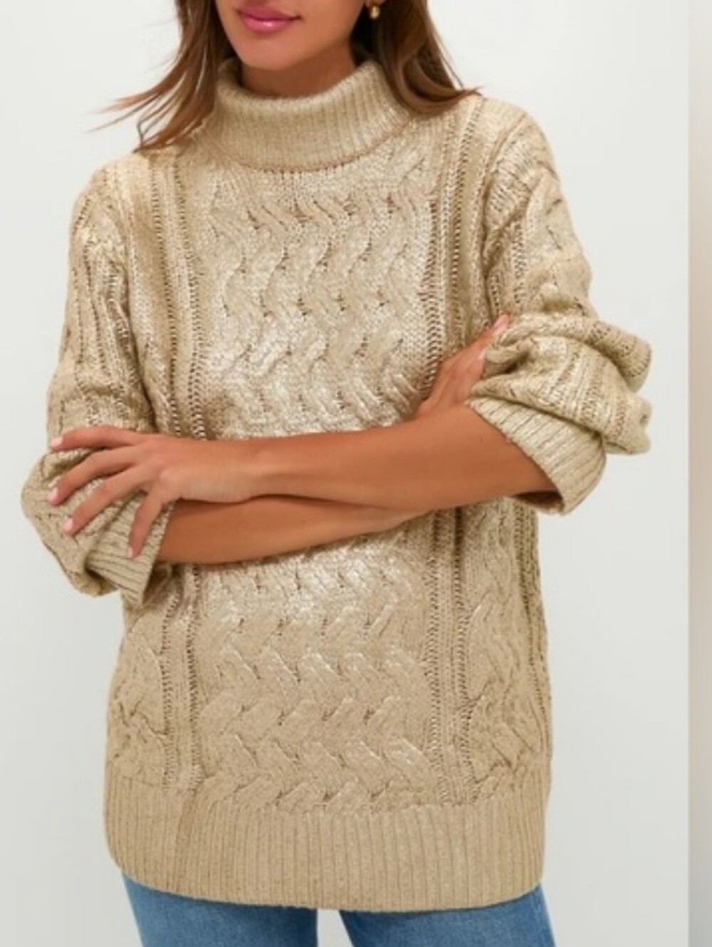 Tuckernuck Pomander Place Gold Metallic Cable Knit Mock Neck Sweater Oversized M